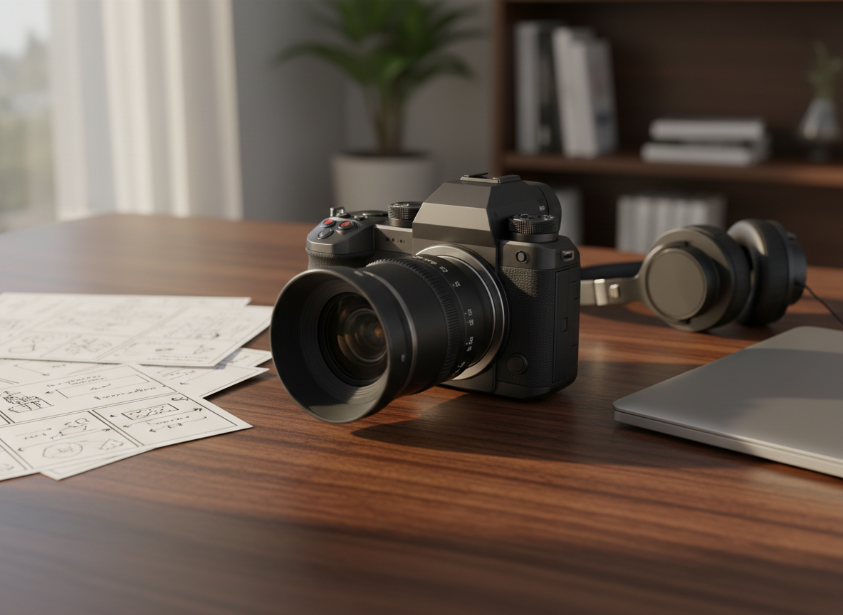 A sleek, mirrorless cinema camera with a matte black body and subtle metallic accents rests on a dark walnut desk. Around it lie neatly arranged storyboards, a closed silver laptop, and a pair of high-quality over-ear headphones. Soft, diffused afternoon light filters in from an unseen window, tracing gentle highlights along the camera’s dials and lens rings and casting long, elegant shadows across the wood grain. Shot at eye level in photographic realism with a shallow depth of field, the camera is in crisp focus while the background fades into a refined bokeh. The mood is sophisticated, contemplative, and creative, perfectly evoking a filmmaker’s workspace in quiet preparation.