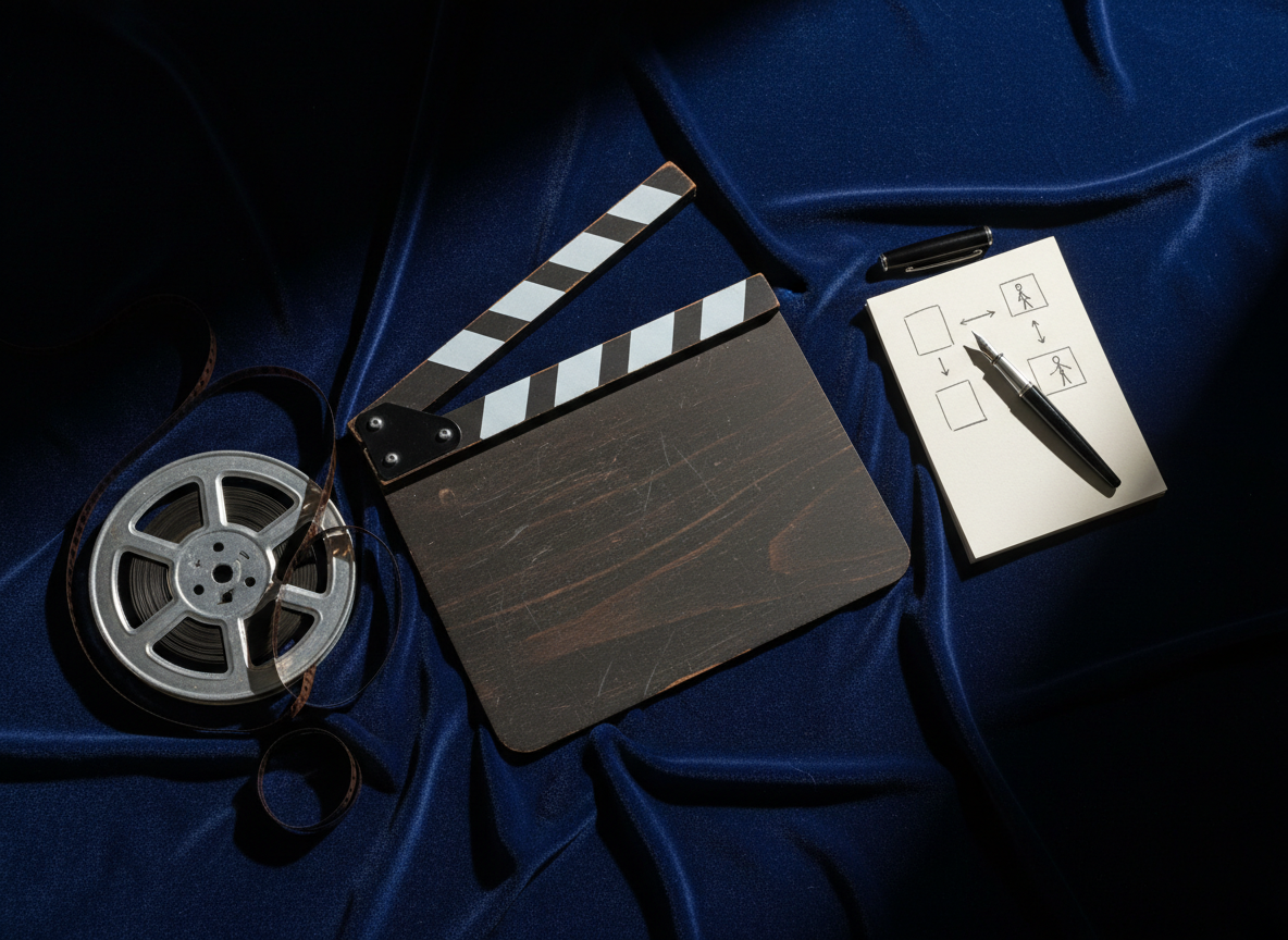 A heavy, textured clapperboard lies diagonally across a deep indigo velvet backdrop. Surrounding it are scattered physical artifacts of visual storytelling: a metal film reel partially unspooled with glossy tape, a small notebook with hand-drawn shot diagrams, and a sleek, black fountain pen. A single, directional spotlight from above-right creates dramatic, high-contrast lighting, emphasizing the matte and glossy textures, while casting long, theatrical shadows across the fabric folds. Shot from directly above in photographic realism with sharp detail, the composition is carefully balanced yet asymmetrical. The mood is elegant and cinematic, evoking the anticipation of a project about to begin and the sophistication of thoughtful visual planning.