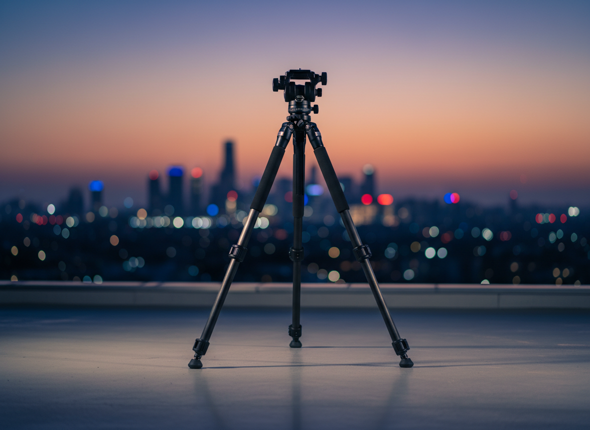 A sturdy, carbon-fiber tripod stands alone on a smooth concrete rooftop at dusk, its legs precisely extended and locked, topped with a fluid video head awaiting a camera. In the middle distance, an abstract city skyline appears as soft, defocused lights—cool blues, warm ambers, and a few vivid reds—suggesting stories yet to be captured. The sky transitions from deep violet to soft orange at the horizon. Subtle golden hour light grazes the tripod’s surfaces, creating a delicate metallic sheen and long, graceful shadows. Shot from a low, cinematic angle in photographic realism, the tripod is centered and in sharp focus, embodying quiet readiness, ambition, and a sophisticated sense of possibility.