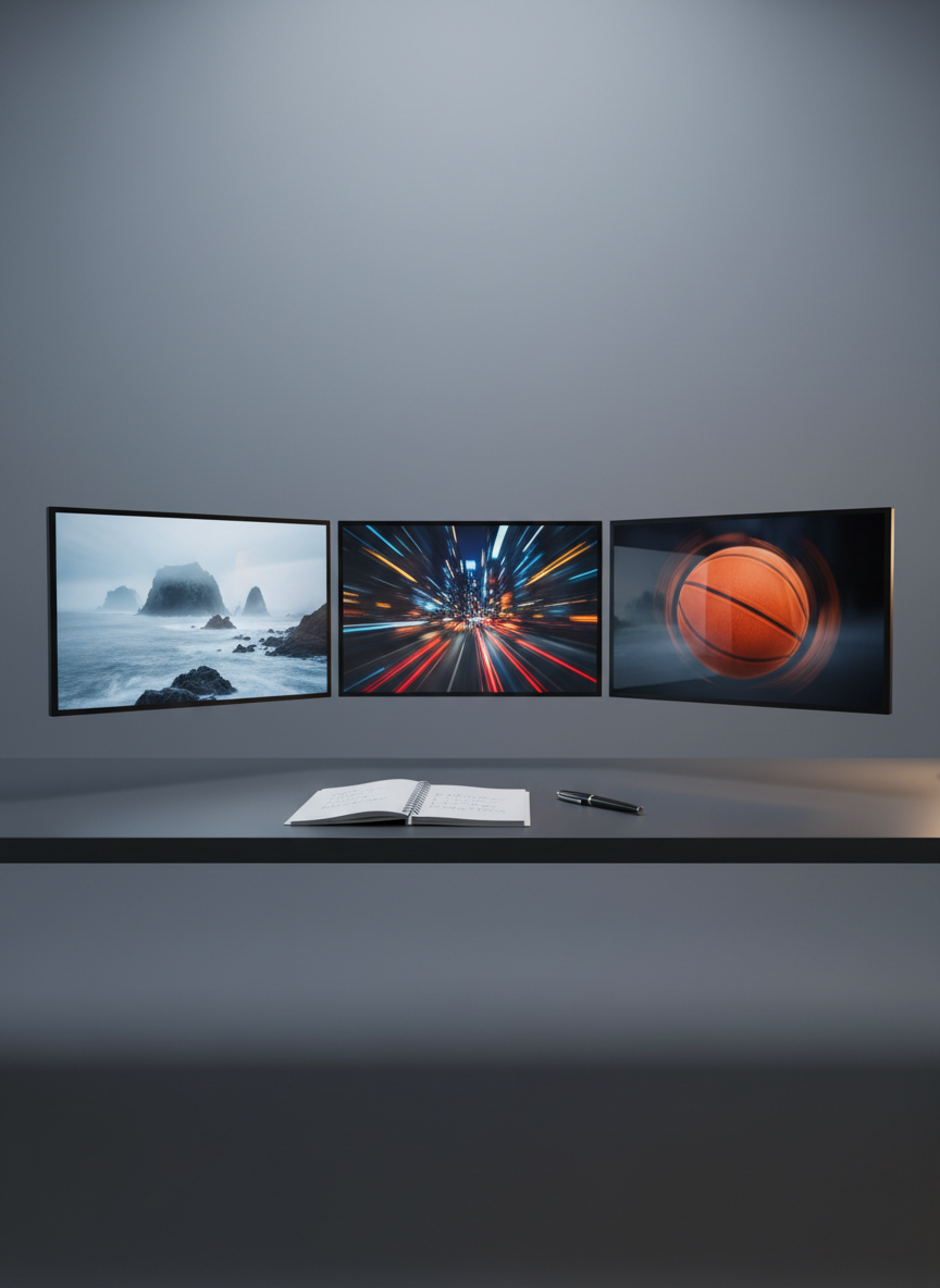 An arrangement of three minimalist monitors displays paused frames from various short films—one showing a misty coastline, another a blurred city nightscape, and the third a close-up of a spinning basketball. The screens hover above a clean, charcoal-gray desk with a single notebook and a slim, black pen. Cool, controlled studio lighting mixes with a faint golden glow from an unseen side lamp, creating subtle reflections on the glossy screens. Captured from a wide, slightly elevated angle in photographic realism, the composition follows the rule of thirds, with sharp focus throughout. The atmosphere is modern, polished, and professional, suggesting a portfolio-in-progress where diverse visual worlds quietly coexist.