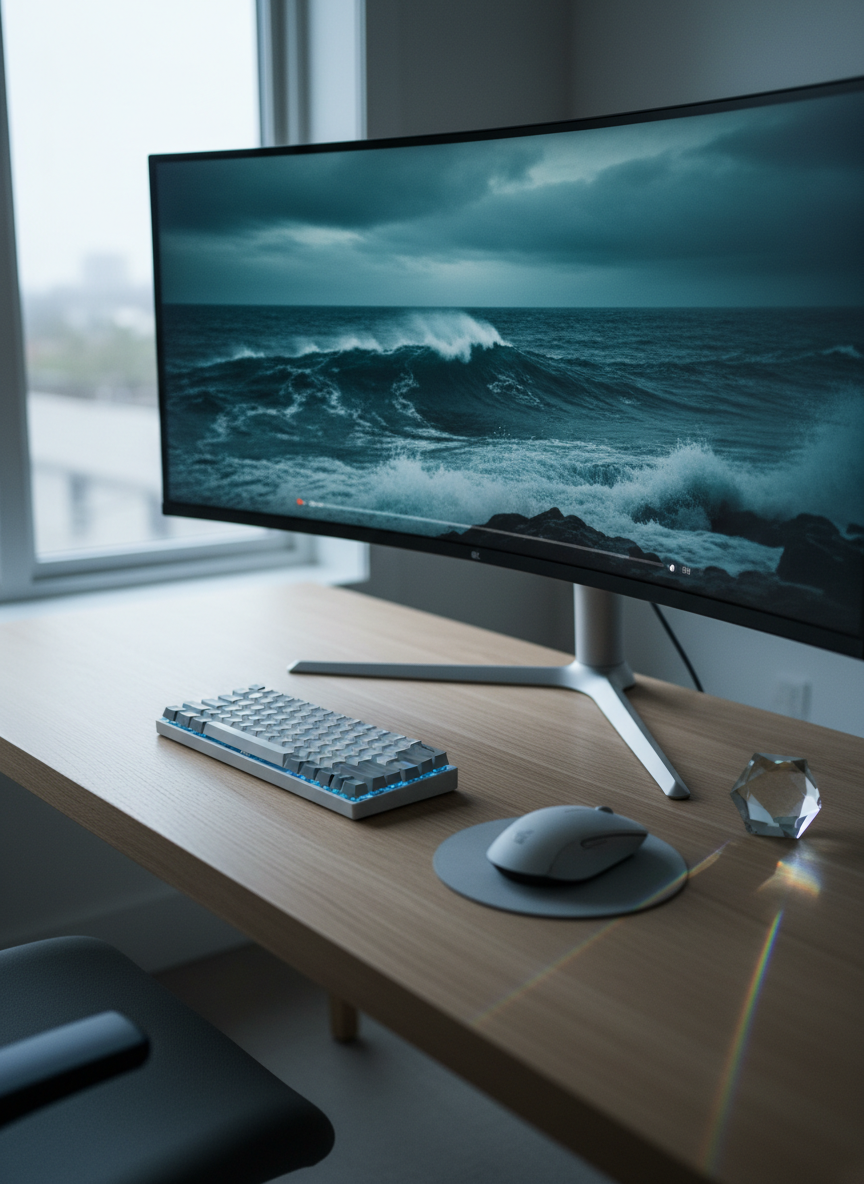A high-resolution, ultra-wide computer monitor displays a paused video of crashing ocean waves rendered in moody, teal and deep-blue tones. In front of it, a compact, backlit keyboard and minimalist mouse rest on a pale oak desk, next to a small, geometric glass prism that refracts subtle rainbow streaks onto the surface. Soft overcast daylight spills in from the left, mixing with a cool, faint monitor glow to create gentle, layered lighting. Photographed at a slightly elevated three-quarter angle in photographic realism, the setup is clean and uncluttered, emphasizing precision and aesthetic control. The mood is calm, introspective, and sophisticated, hinting at a portfolio focused on atmospheric landscapes and nuanced emotional storytelling.