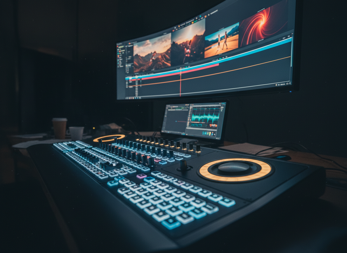 A large, high-end editing console stretches across the frame, its backlit keys and color grading wheels glowing softly in a dim room. On the main screen, a timeline of clips shows landscapes, sports action, and abstract light flares, all color balanced in rich, cinematic tones. The only light source is the cool, subtle illumination from the monitors and console LEDs, carving delicate highlights along the edges of the controls. Photographed from a low, oblique angle in photographic realism, the foreground controls are tack sharp while the far edges blur, emphasizing depth. The mood is focused, immersive, and slightly mysterious, capturing the quiet intensity of post-production work.